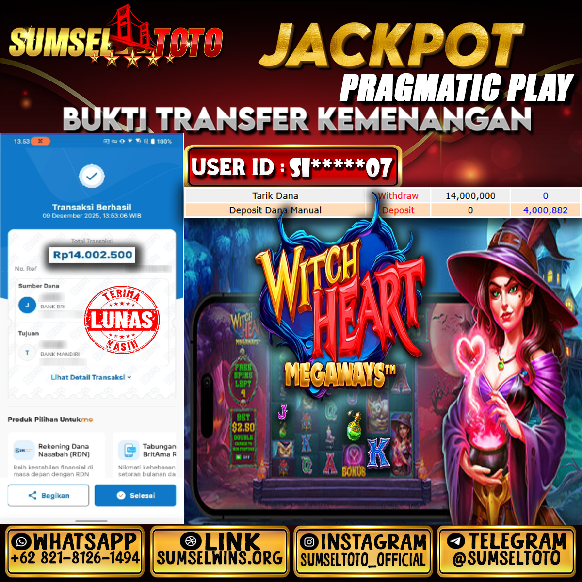 SUMSELTOTO JACKPOT WITCH HEART MEGAWAYS Rp.14,002,500.,- LUNAS